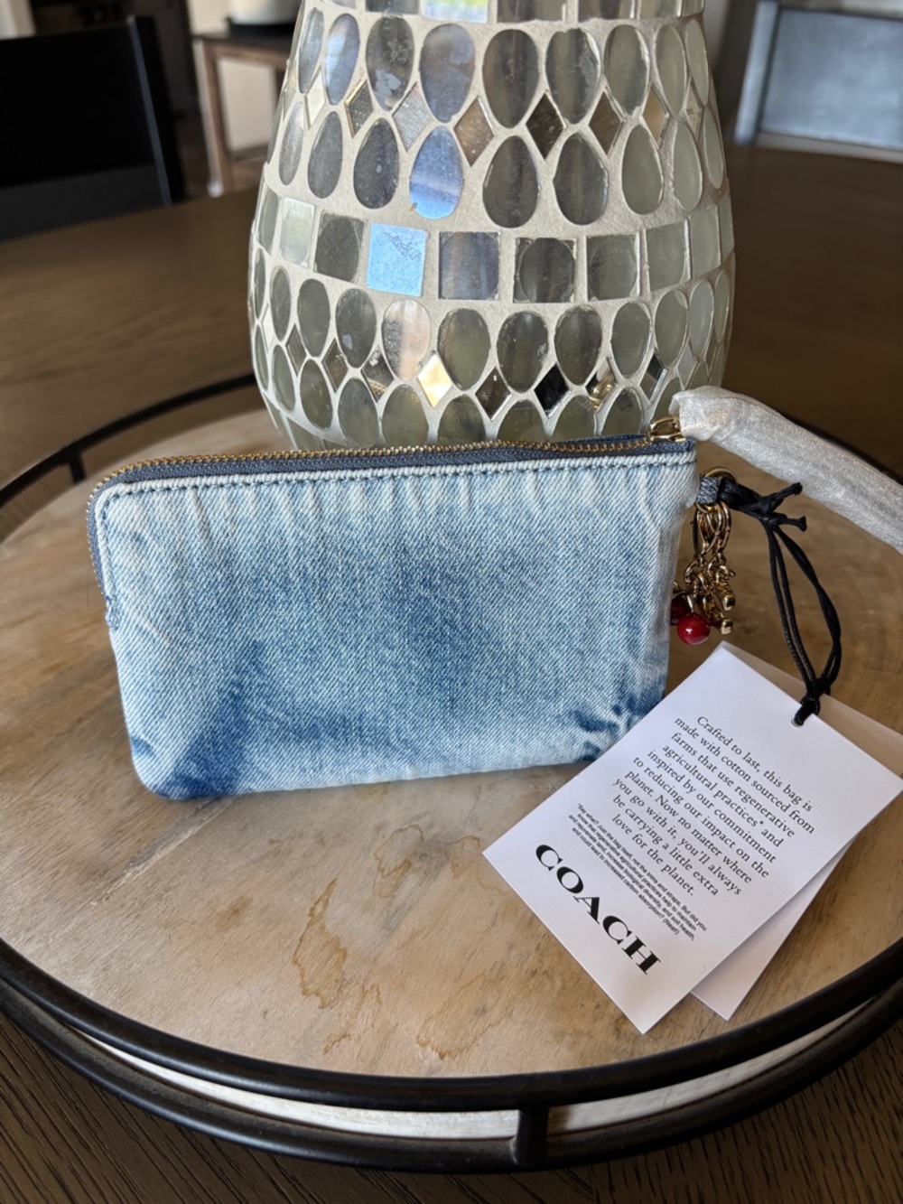 Coach Loved Denim Blue Wristlet Bag with Red Cherry Charm 🍒 & Signature C Charm - Picture 4 of 6